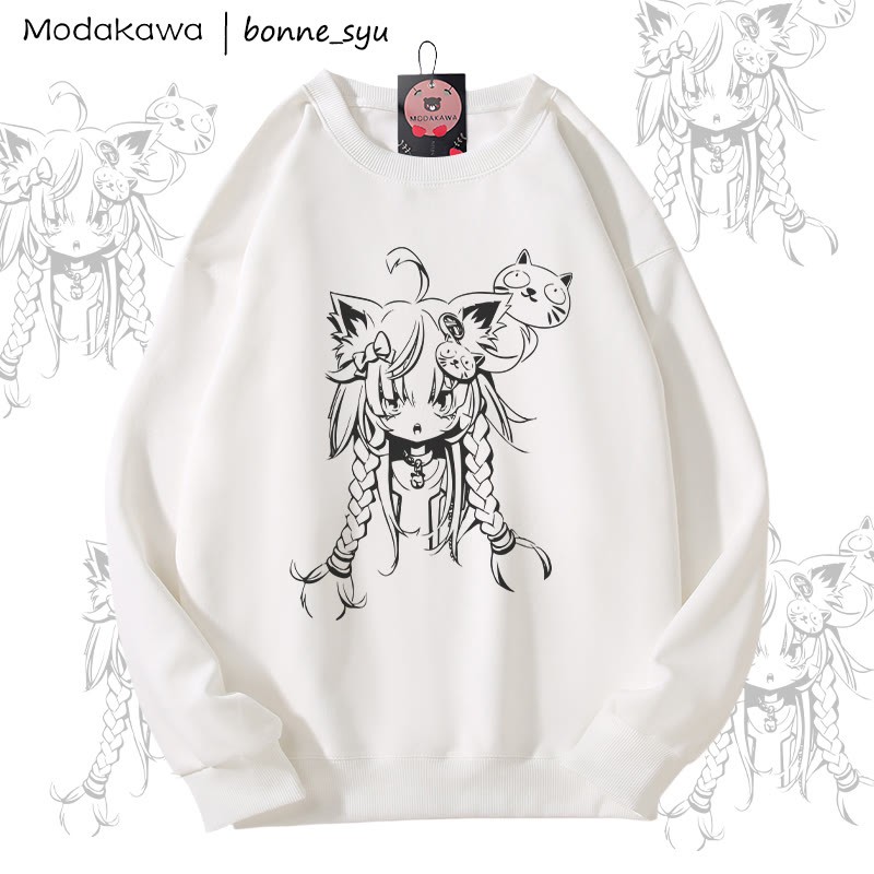 MODAKAWA X bonne_syu キャットガール グラフィック ユニセックス スウェットシャツ - White - 5XL - image 2