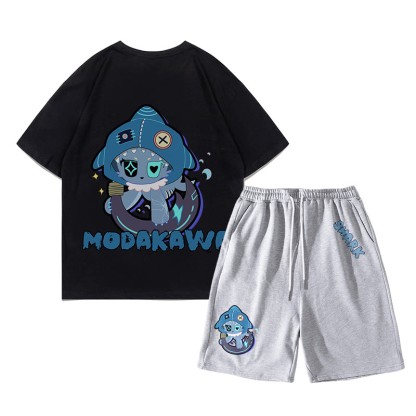 遊び心のあるサメのグラフィックがダークな美的Tシャツとショーツの2点セット - ブラック＆グレー - C - 5XL - image 18