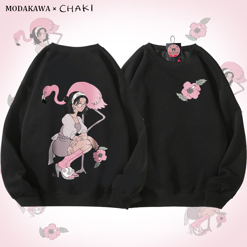 MODAKAWA X chaki ガール＆フラミンゴ グラフィック ユニセックス スウェットシャツ - Black - 5XL - image 4
