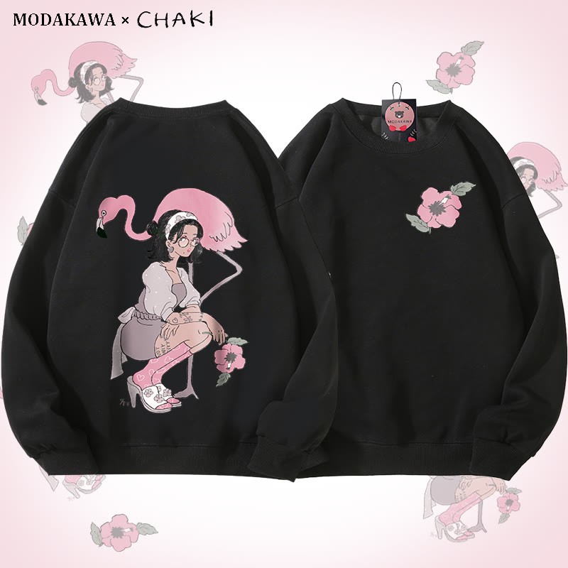 MODAKAWA X chaki ガール＆フラミンゴ グラフィック ユニセックス スウェットシャツ - Black - 5XL - image 4