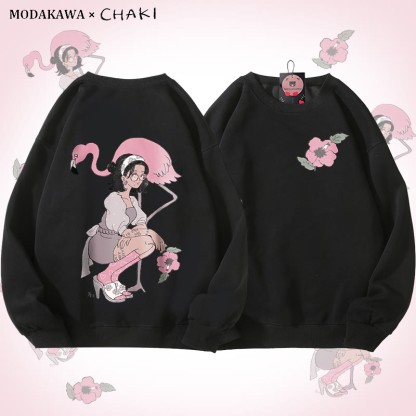 MODAKAWA X chaki ガール＆フラミンゴ グラフィック ユニセックス スウェットシャツ - Black - 5XL - image 4