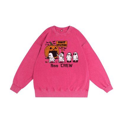 BOO CREW ユニセックス ヴィンテージ ウォッシュド スウェットシャツ ゴースト パンプキン ハロウィン グラフィック クルーネック プルオーバー - ローズレッド - 3XL - image 5