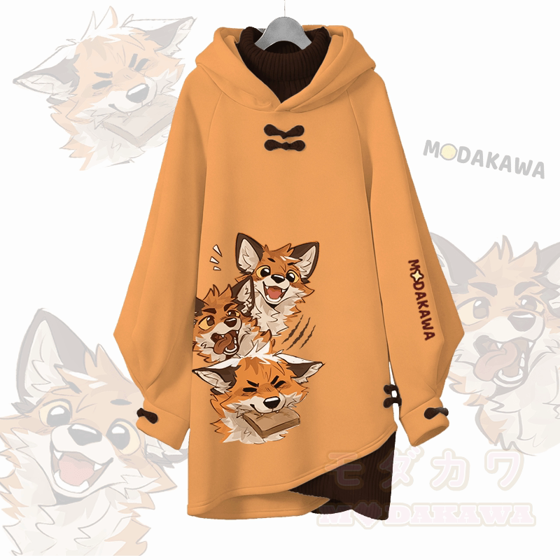 MODAKAWA X atka ファニーフォックスグラフィックModakawaバックル ヴィンテージ フード付き スウェットシャツ ドレス - オレンジ - 3XL - image 2