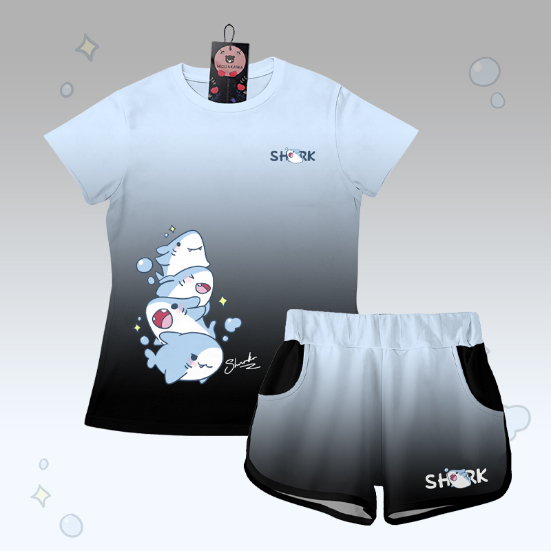 グラデーションシャークグラフィックTシャツ、レターグラフィックショーツ、Modakawaお揃いコーデ - Blue & Black Set - 5XL - image 2