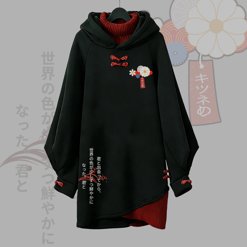 スモーキングレッドフォックスグラフィックバックルヴィンテージフード付きスウェットシャツドレス - Black - 3XL - image 1