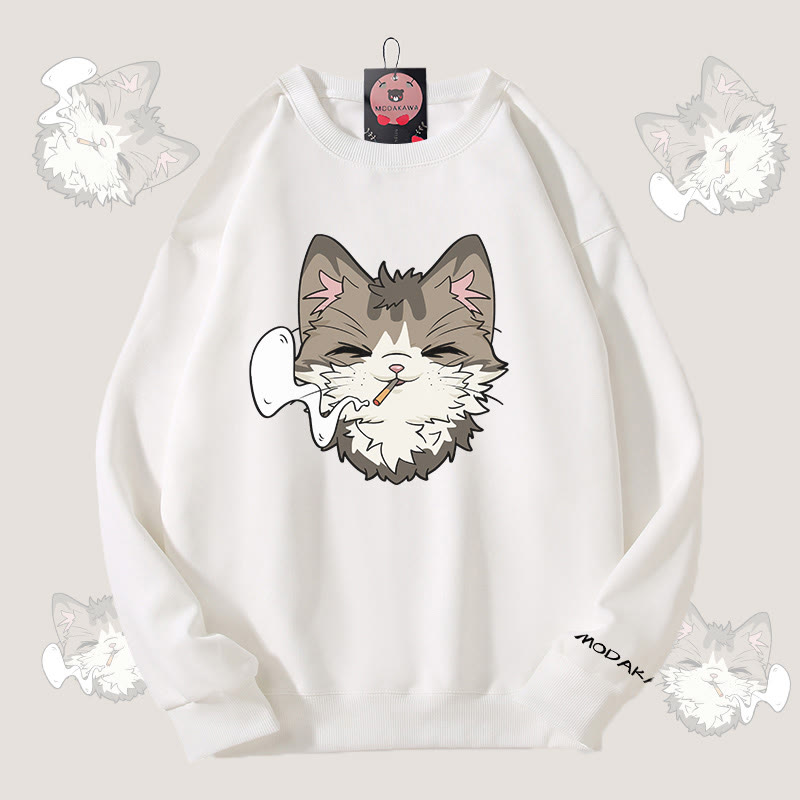 MODAKAWA スモーキングキャット グラフィック ユニセックス スウェットシャツ - White - 5XL - image 3