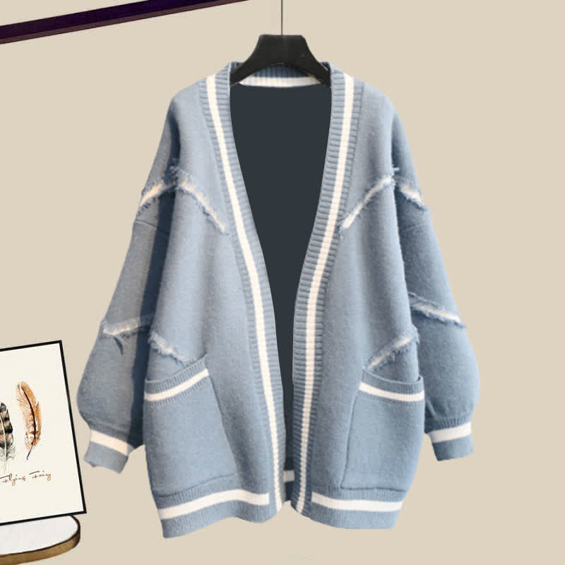 文字刺繍カーディガン、セーター、ラペルシャツ、デニムパンツのマッチング衣装 - Blue Sweater - XL - image 5