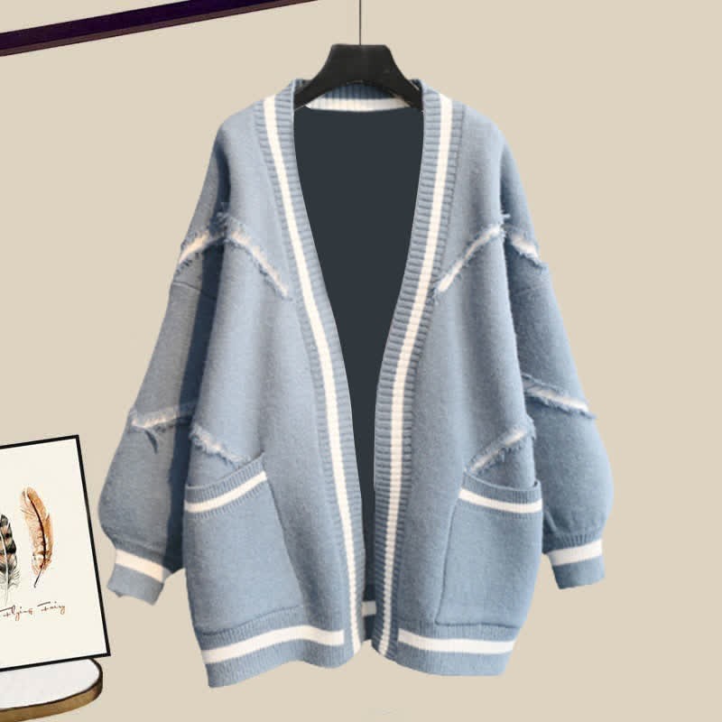 文字刺繍カーディガン、セーター、ラペルシャツ、デニムパンツのマッチング衣装 - Blue Sweater - XL - image 5