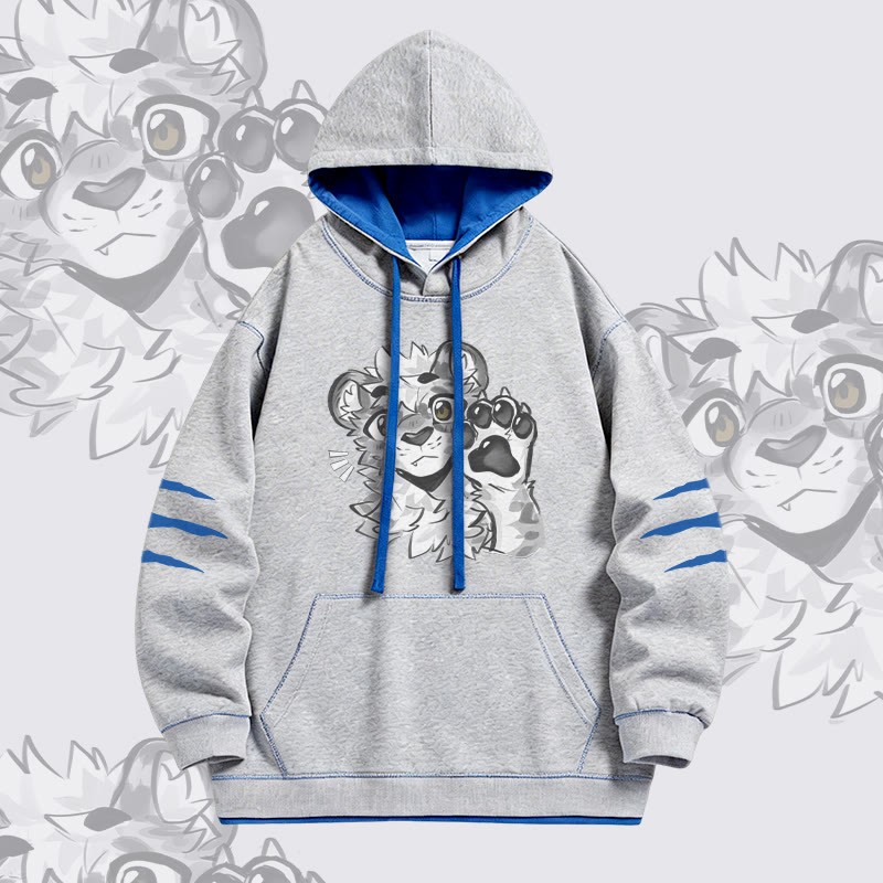 MODAKAWA X atka Tiger Paw Wave Graphic Oversized Contrast Lining Pullover Hoodie - Grey - 4XL - image 3