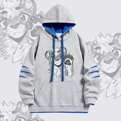 MODAKAWA X atka Tiger Paw Wave Graphic Oversized Contrast Lining Pullover Hoodie - Grey - 4XL - image 3