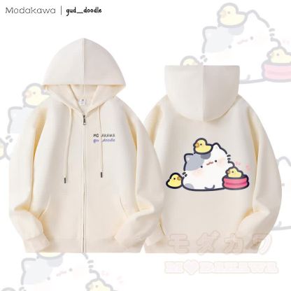 MODAKAWA x gud_doodleキティとひよこのグラフィック フリース裏地 ジップアップ フーディー スウェットシャツ - ベージュ - 5XL - image 4