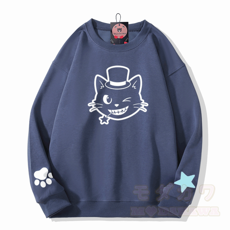 猫の帽子グラフィック入りModakawaスウェットシャツ - ダスティブルー - 5XL - image 6