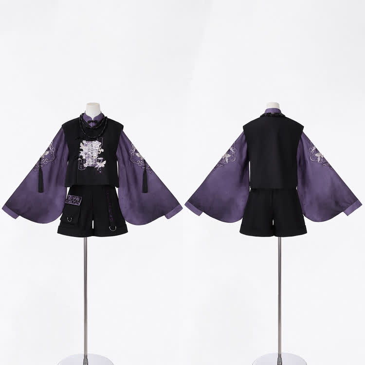 蝶の刺繍入りベスト、紫のベルスリーブトップス、黒のショートパンツ、ネックレス - image 6