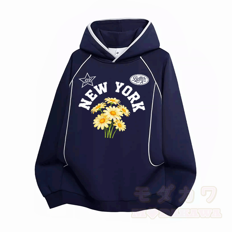 NEW YORK フラワーグラフィックModakawaラグランスリーブ オーバーサイズ プルオーバー パーカー - 紫がかった青 - 3XL - image 4