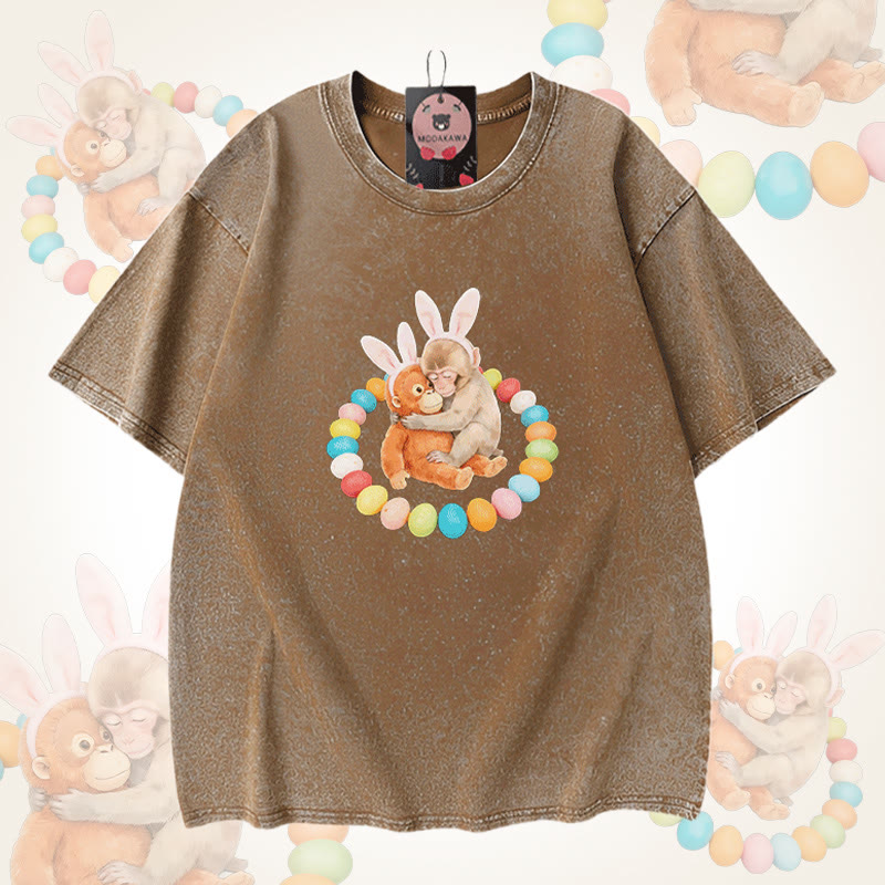 イースターエッグモンキーグラフィックModakawaユニセックス ヴィンテージウォッシュドTシャツ - Brown - 5XL - image 4