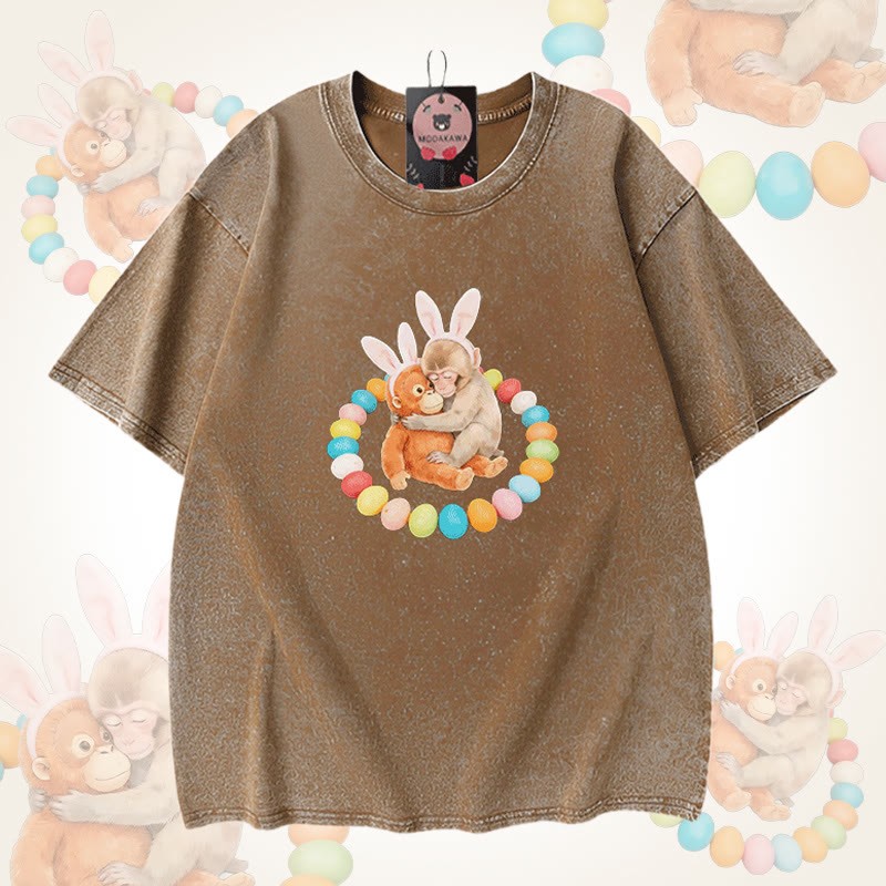 イースターエッグモンキーグラフィックModakawaユニセックス ヴィンテージウォッシュドTシャツ - Brown - 5XL - image 4