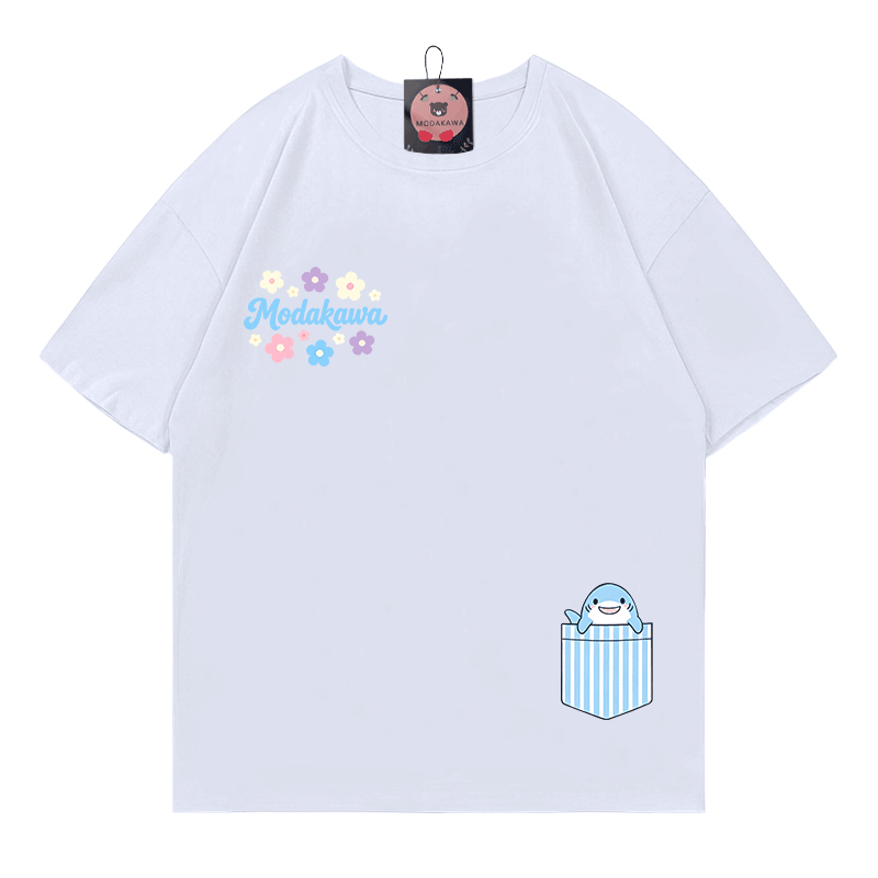 ポケットシャーク フラワー グラフィックModakawa100%綿Tシャツ - White - 5XL - image 3