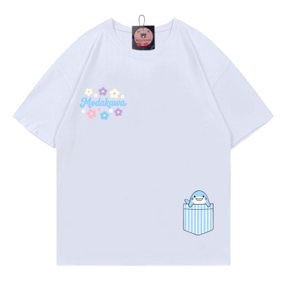 ポケットシャーク フラワー グラフィックModakawa100%綿Tシャツ - White - 5XL - image 3