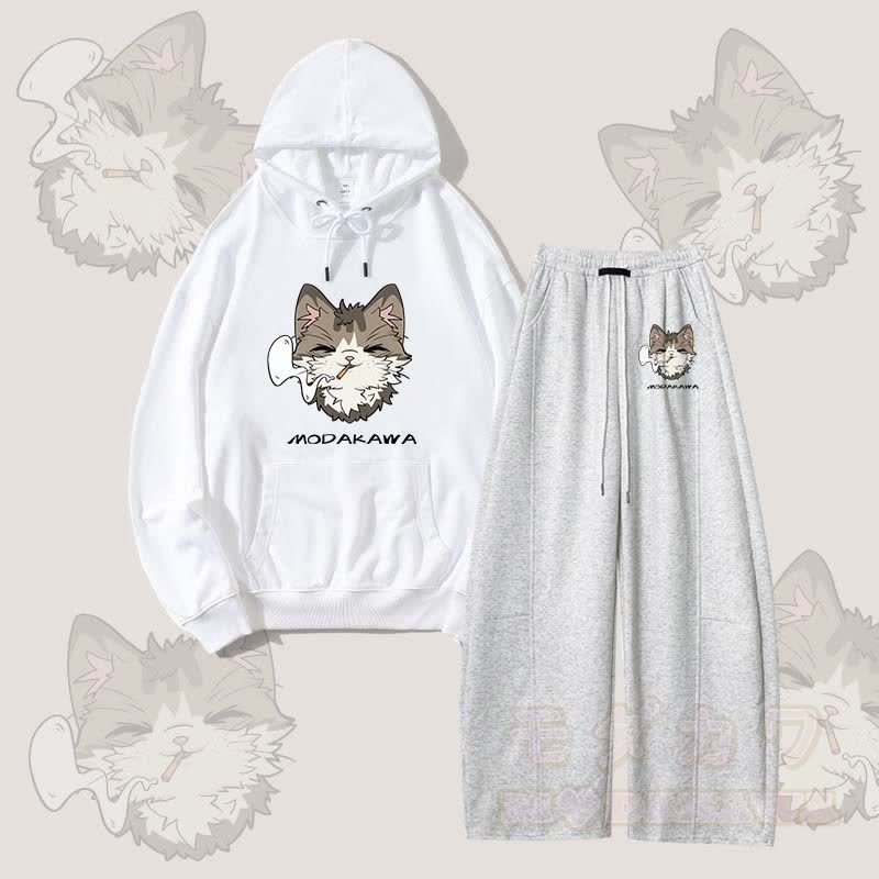 MODAKAWA スモーキングキャットグラフィックパーカー ワイドレッグパンツ 2点セット - ホワイト＆グレー - 5XL - image 4