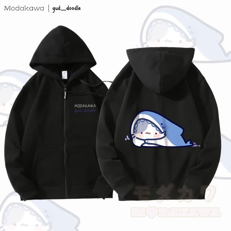 MODAKAWA X gud_doodleキティシャークグラフィック フリース裏地 ジップアップ パーカー スウェットシャツ - 黒 - 5XL - image 5