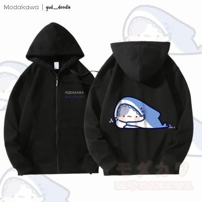 MODAKAWA X gud_doodleキティシャークグラフィック フリース裏地 ジップアップ パーカー スウェットシャツ - 黒 - 5XL - image 5