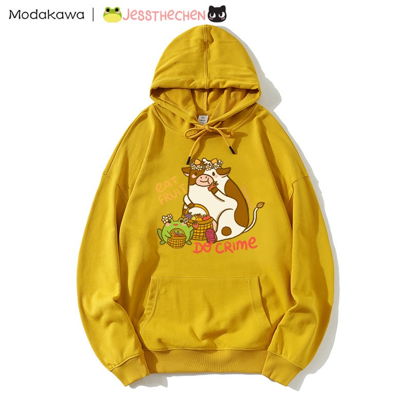 フルーツを食べる牛のグラフィックパーカー - Yellow - 5XL - image 3
