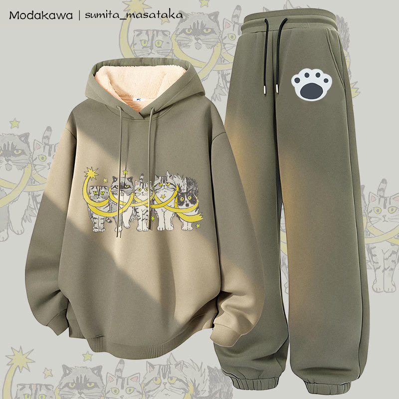 MODAKAWA X sumita_masataka 星に包まれた猫のグラフィック 厚手裏起毛パーカーパンツ 2点セット - Green - 5XL - image 4