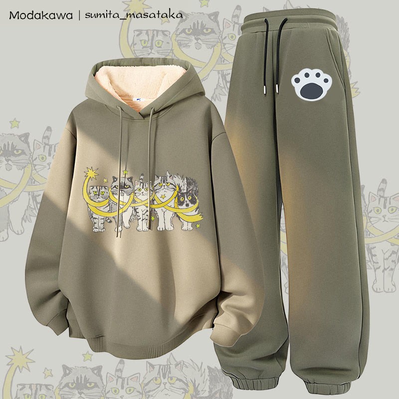 MODAKAWA X sumita_masataka 星に包まれた猫のグラフィック 厚手裏起毛パーカーパンツ 2点セット - Green - 5XL - image 4