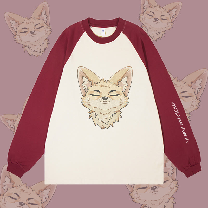MODAKAWA コルサックフォックスグラフィックカラーブロックロングスリーブTシャツ - Wine Red&Apricot - 4XL - image 2