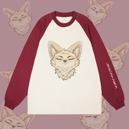 MODAKAWA コルサックフォックスグラフィックカラーブロックロングスリーブTシャツ - Wine Red&Apricot - 4XL - image 2