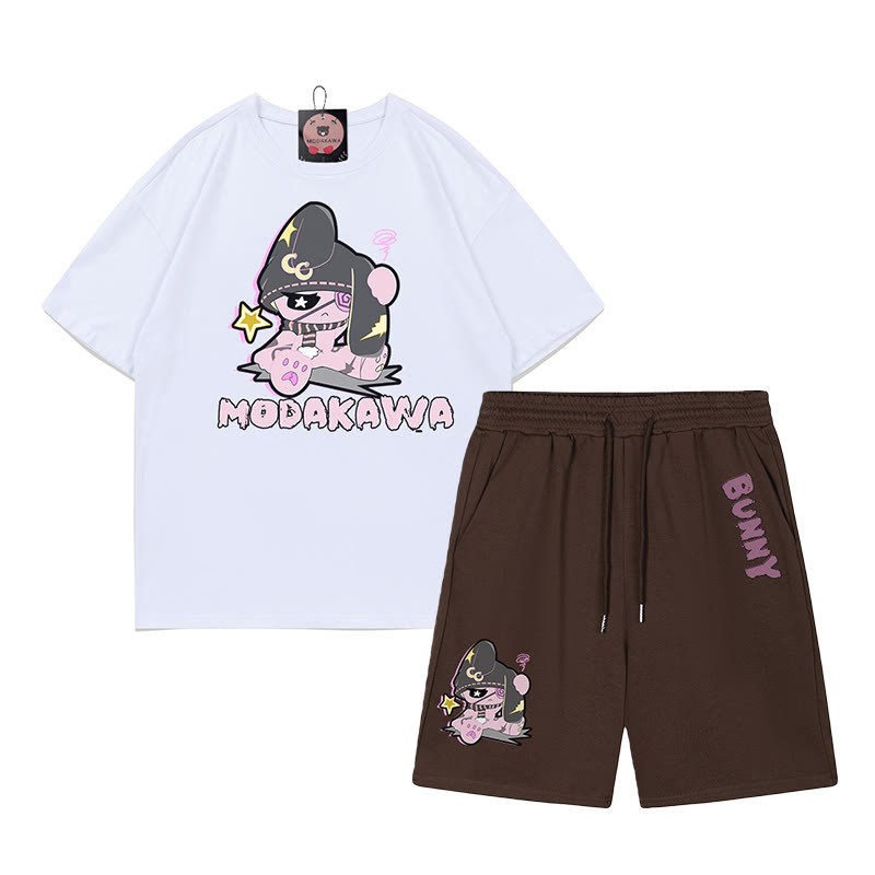不幸なウサギのグラフィックダーク美学Tシャツショーツ2点セット - ホワイト＆ブラウン - あ - 5XL - image 7