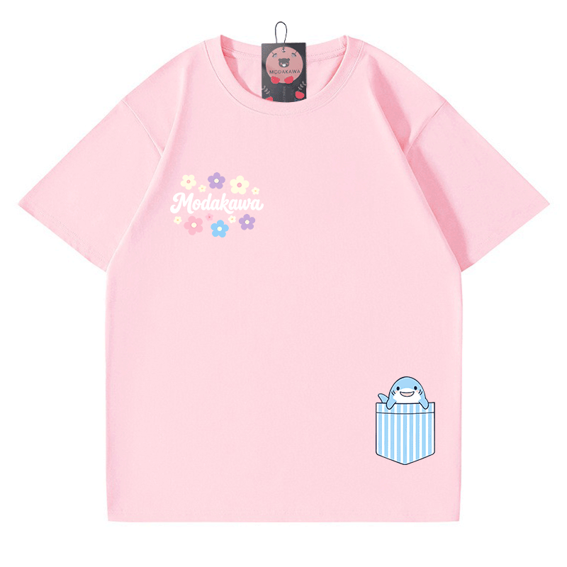 ポケットシャーク フラワー グラフィックModakawa100%綿Tシャツ - Light Pink - 5XL - image 6