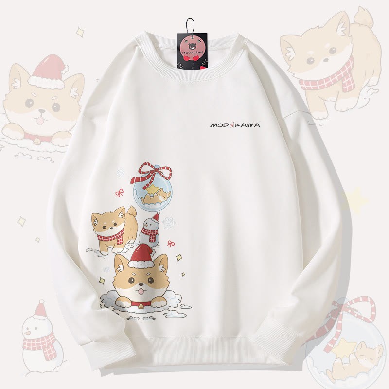 MODAKAWA クリスマス パピー グラフィック ユニセックス スウェットシャツ - White - 5XL - image 3