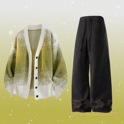 グラデーションニットカーディガン セーター ポケットパンツ ツーピース - セットE - 3XL - image 5