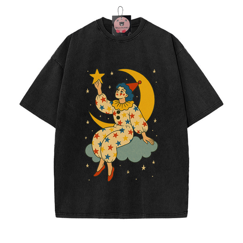 ムーン クラウン プリント ヴィンテージ ウォッシュド Tシャツ - Black - 5XL - image 5