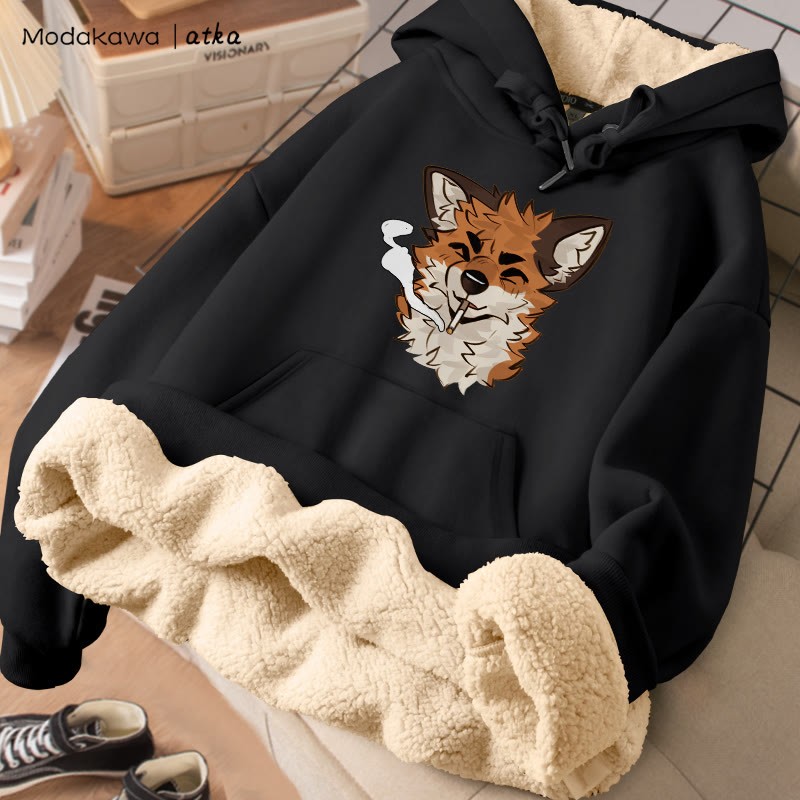 MODAKAWA X atka Fox スモーキンググラフィック 厚手裏起毛冬パーカー - Black - 2XL - image 5