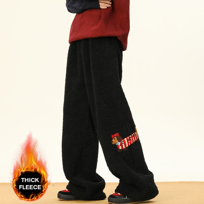 子犬の刺繍入り、着心地の良い厚手シェルパフリースパンツ。冬ラウンジパンツ。 - Black – Thick Fleece - 3XL - image 5