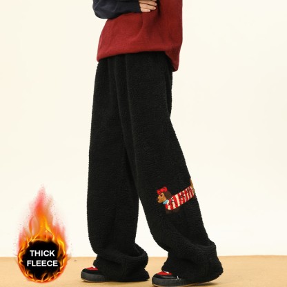 子犬の刺繍入り、着心地の良い厚手シェルパフリースパンツ。冬ラウンジパンツ。 - Black – Thick Fleece - 3XL - image 5