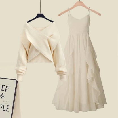 クロスニットセーターのフリルAラインスリップドレスとマッチングアウトフィット - Apricot Sweater+Apricot Dress - XL - image 8