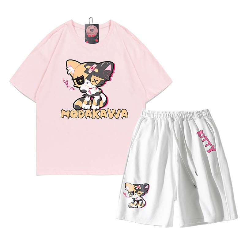 悲しいキティのグラフィックダーク美的Tシャツショーツ2点セット - ピンク＆ホワイト - B - 5XL - image 11