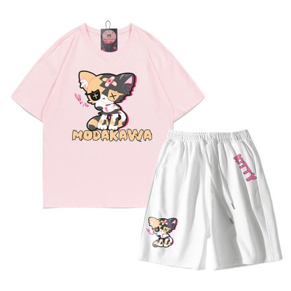 悲しいキティのグラフィックダーク美的Tシャツショーツ2点セット - ピンク＆ホワイト - B - 5XL - image 11