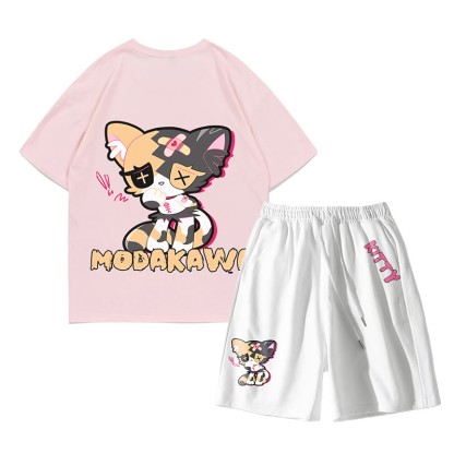 悲しいキティのグラフィックダーク美的Tシャツショーツ2点セット - ピンク＆ホワイト - あ - 5XL - image 10