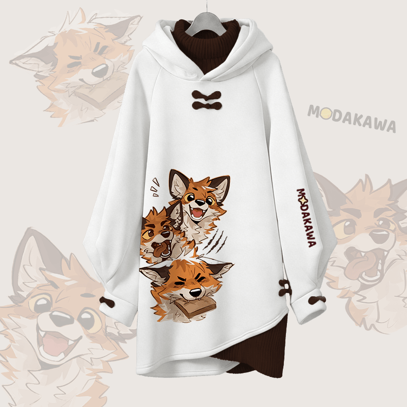 MODAKAWA X atka Funny Fox Graphic Modakawa Buckle Vintage Hooded Sweatshirt Dress - White B - 3XL - image 4
