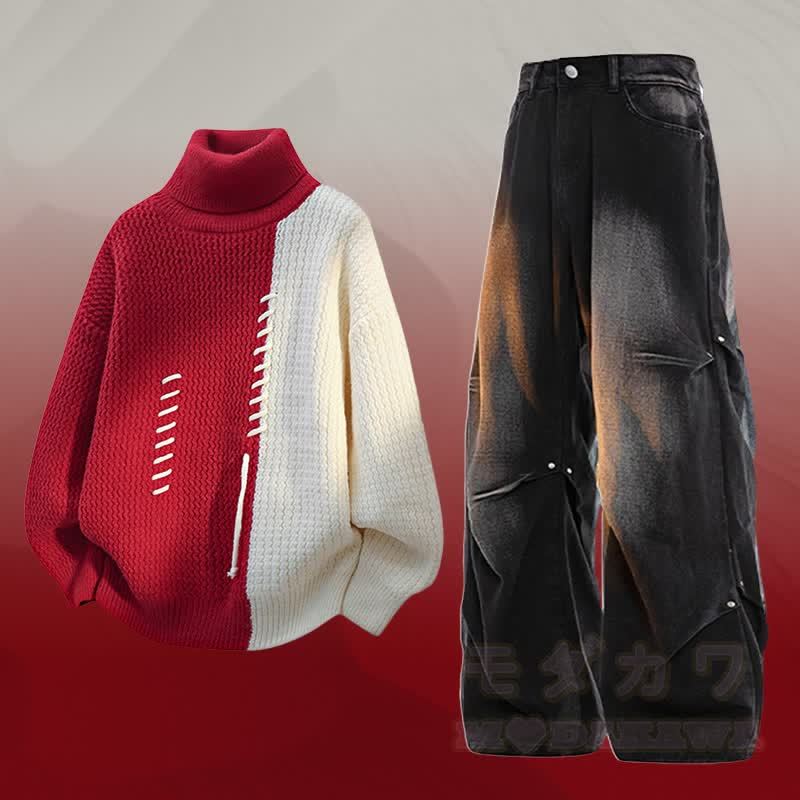 タートルネックカラーブロック フリース裏地 セーター デニムパンツ ツーピース - セットE - 3XL - image 5