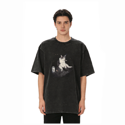 喫煙猫グラフィックModakawaユニセックス ヴィンテージウォッシュドTシャツ - image 3