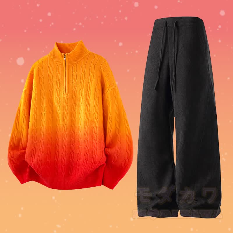 グラデーションニットハーフジップセーターコーデュロイパンツツーピース - セットD - 3XL - image 4