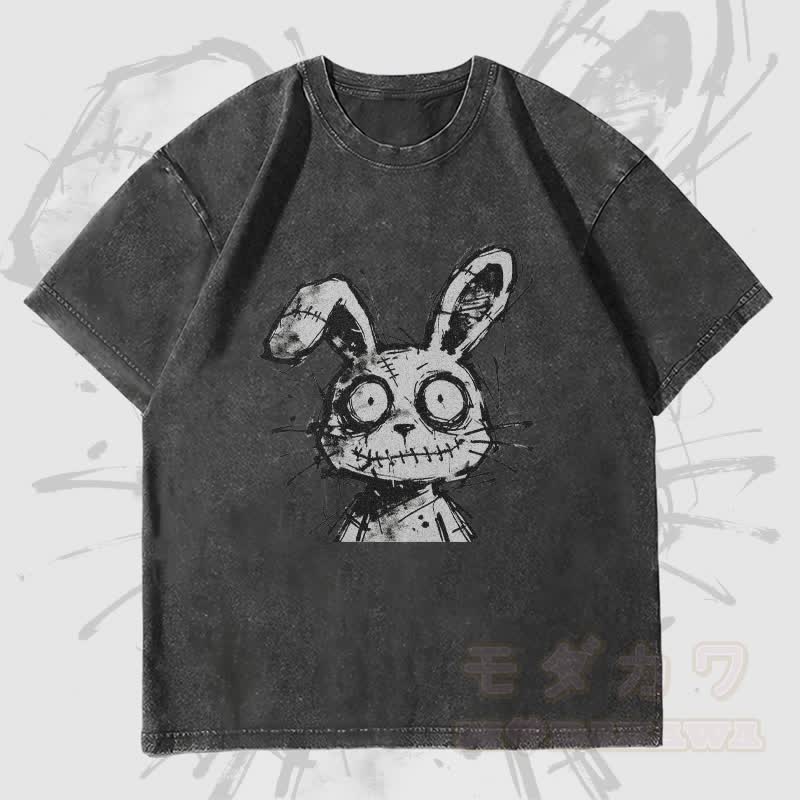 MODAKAWA ステッチ ラビット グラフィック ユニセックス ヴィンテージ ウォッシュド Tシャツ - 黒 - 4XL - image 4