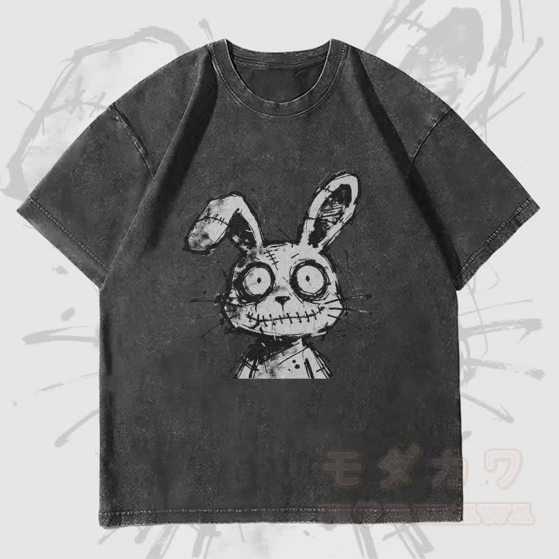 MODAKAWA ステッチ ラビット グラフィック ユニセックス ヴィンテージ ウォッシュド Tシャツ - 黒 - 4XL - image 4