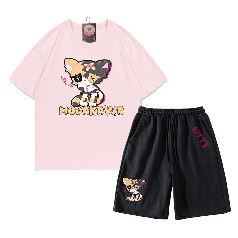 悲しいキティのグラフィックダーク美的Tシャツショーツ2点セット - ピンク＆ブラック - B - 5XL - image 8