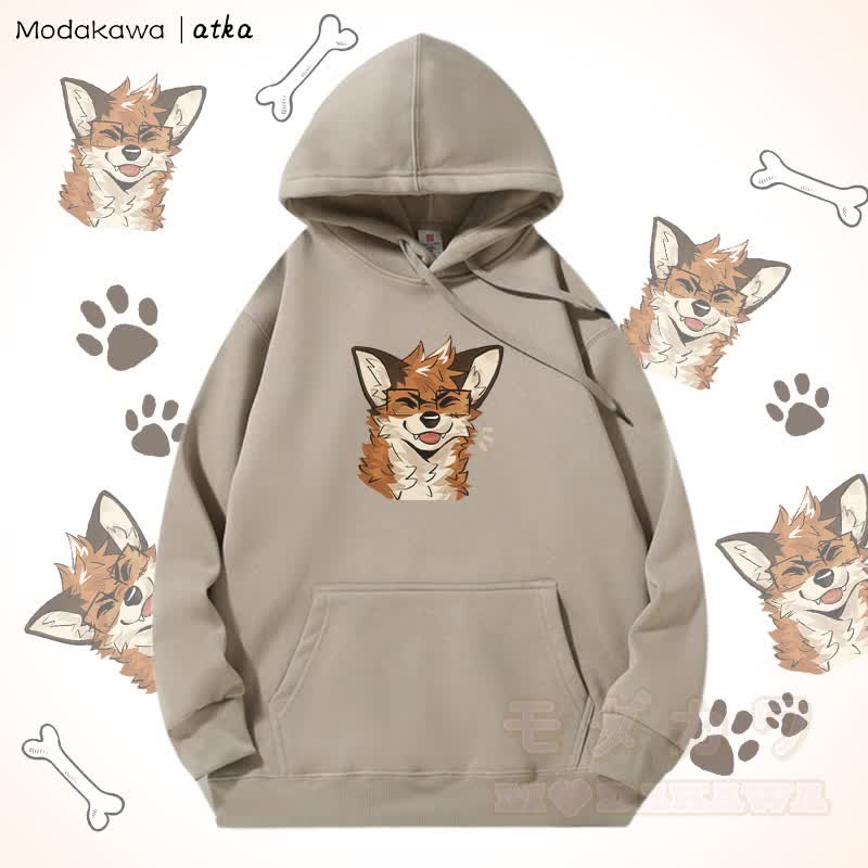 眼鏡をかけたキツネのグラフィック フリース裏地パーカー - ライトカーキ - 5XL - image 5